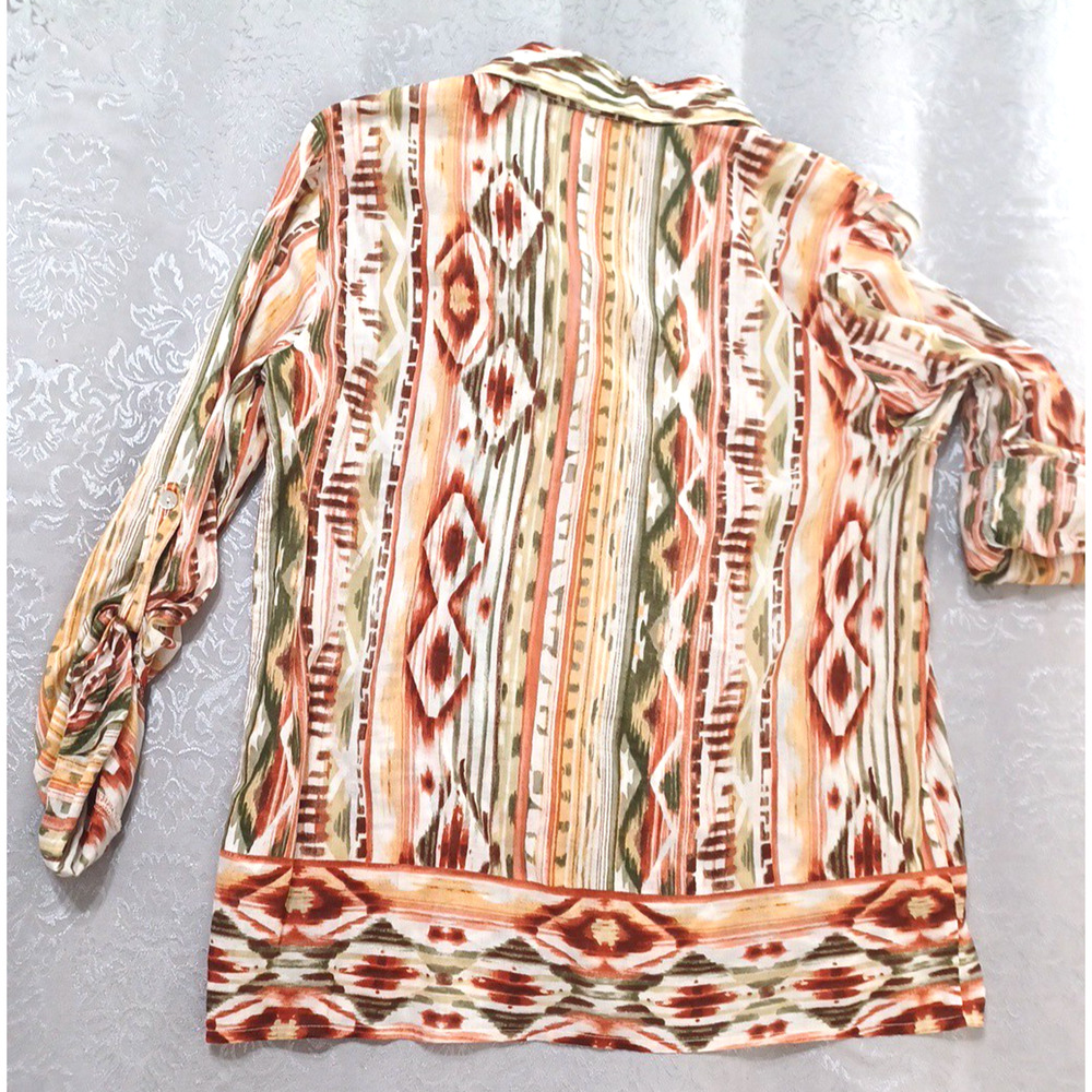 Alfred Dunner Womens Aztec Southwest Lightweight Blouse Sz 12 Roll Sleeve Cotton - Picture 3 of 12